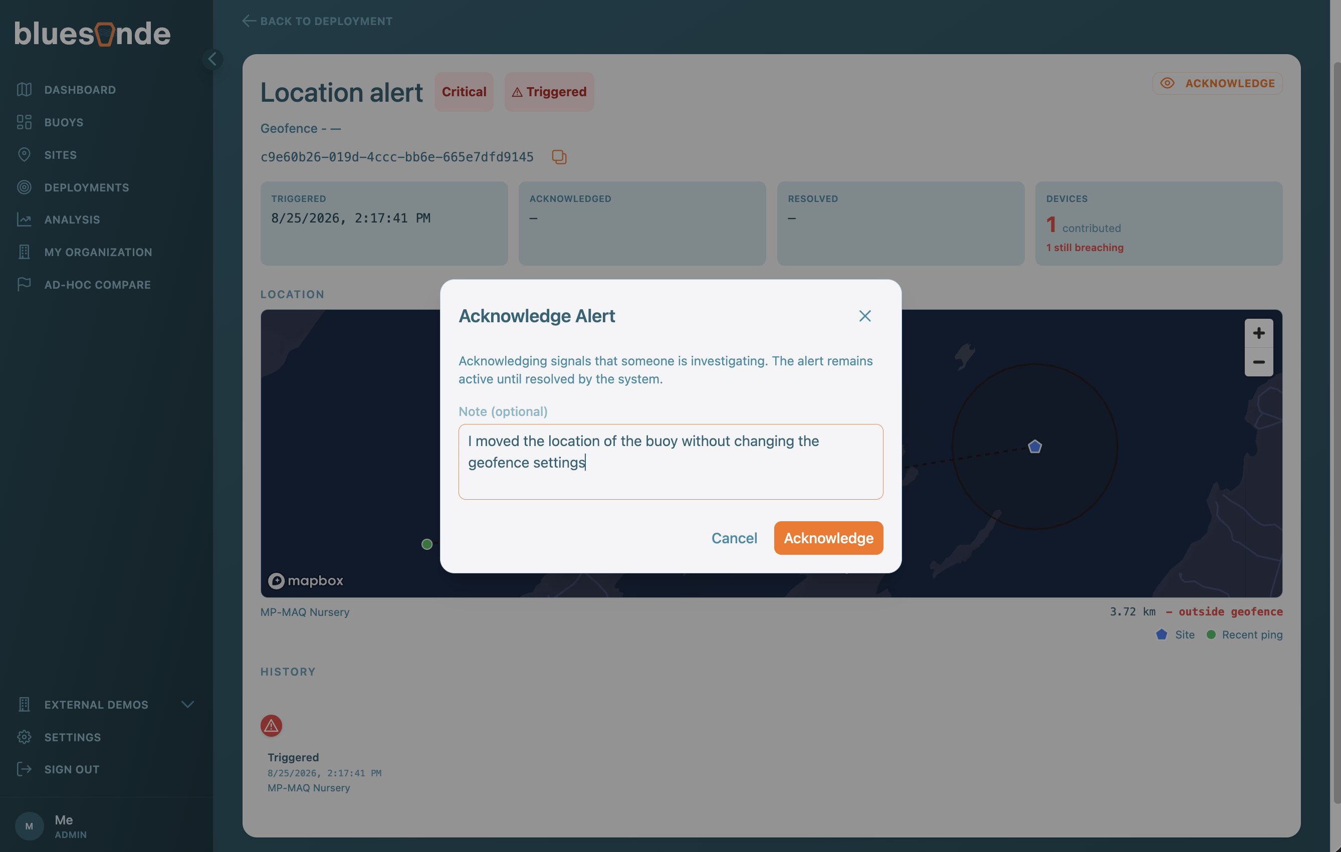 Screenshot: The Acknowledge Alert dialog with an optional note