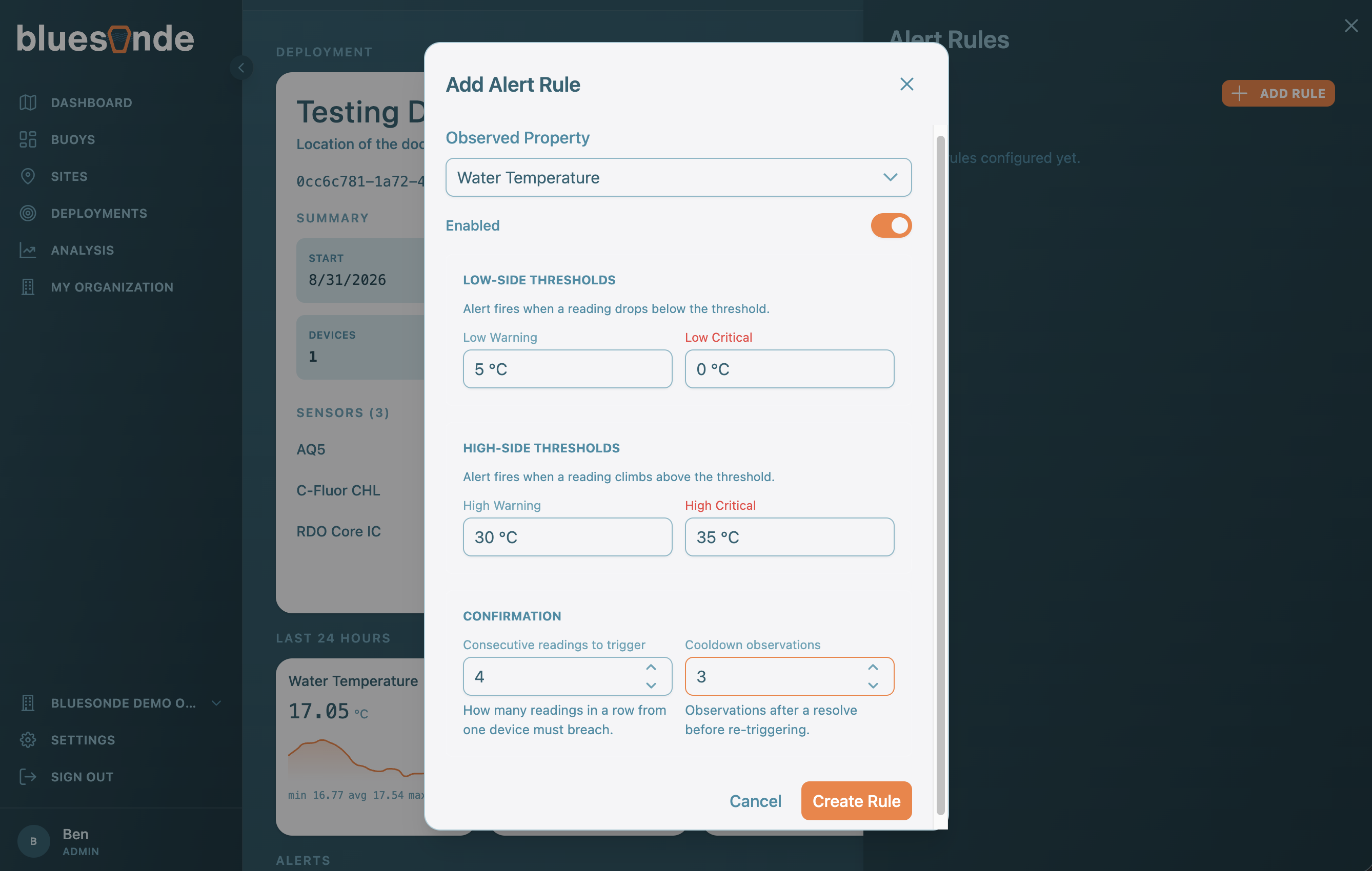 Screenshot: Setting Alert Rules on a Deployment