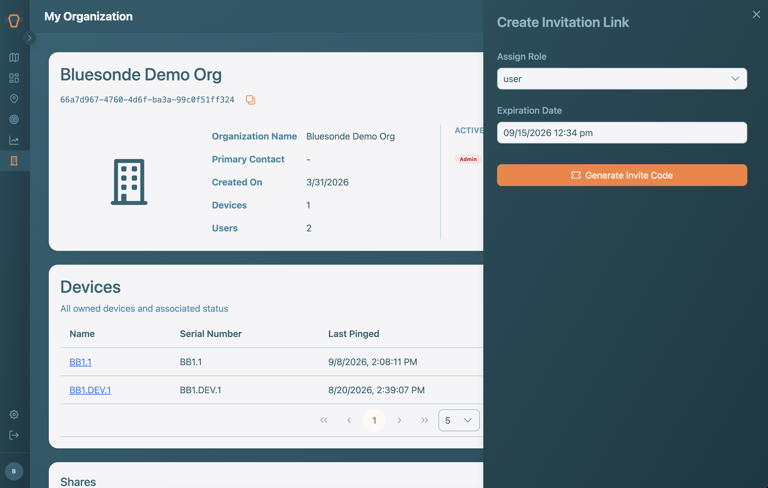 Screenshot: Creating an invite link on the Organization page