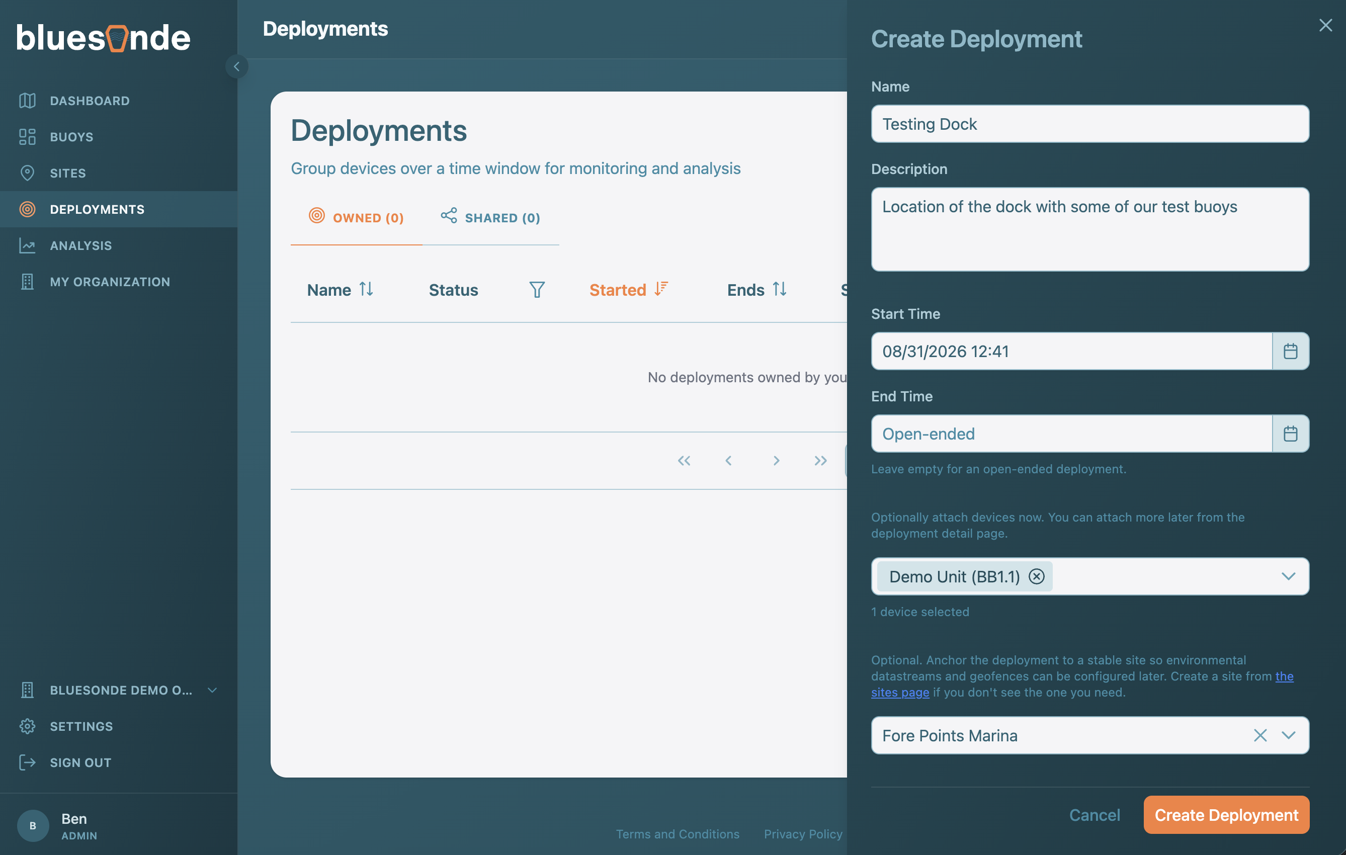 Screenshot: The create Deployment form