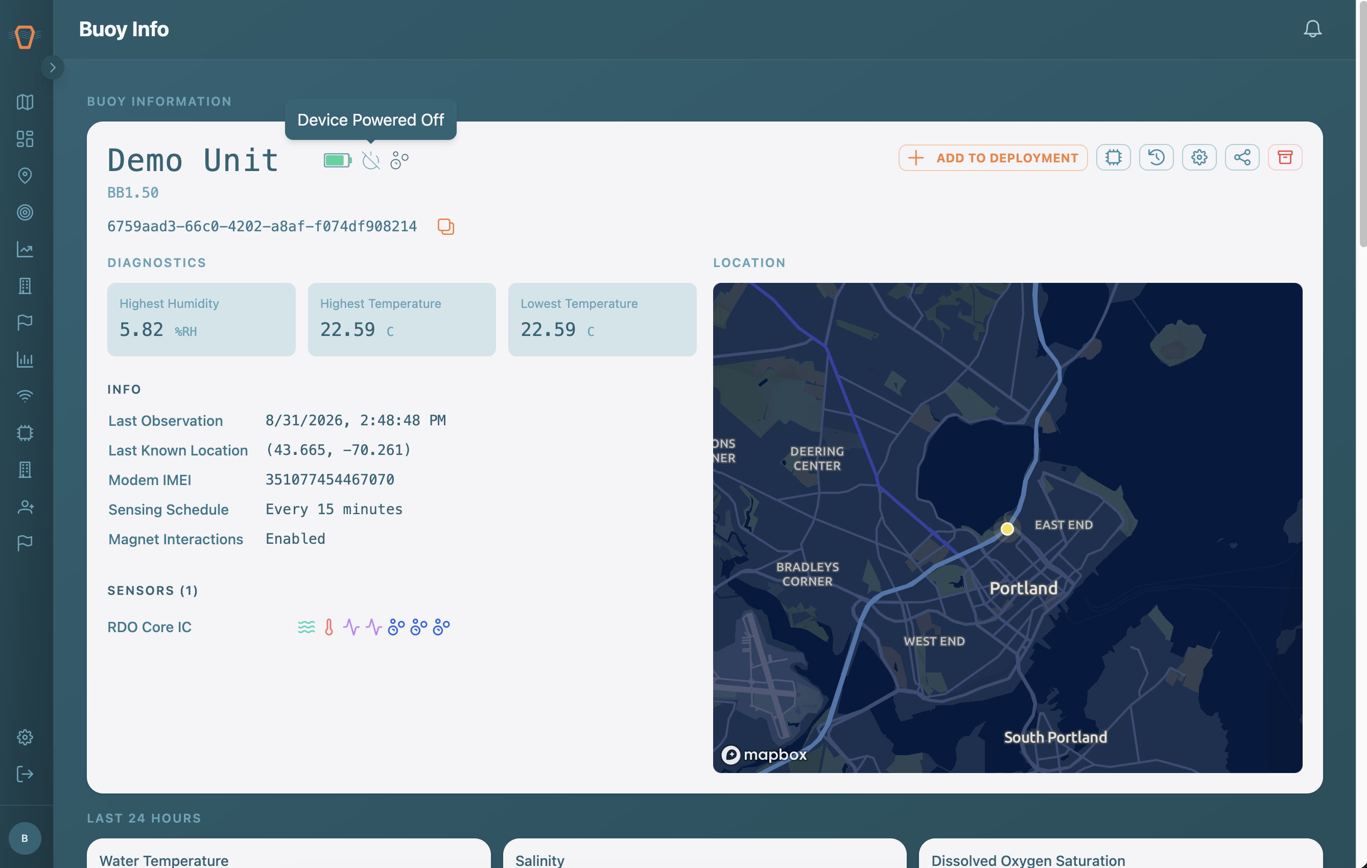 Screenshot: A Device page showing a powered-off status
