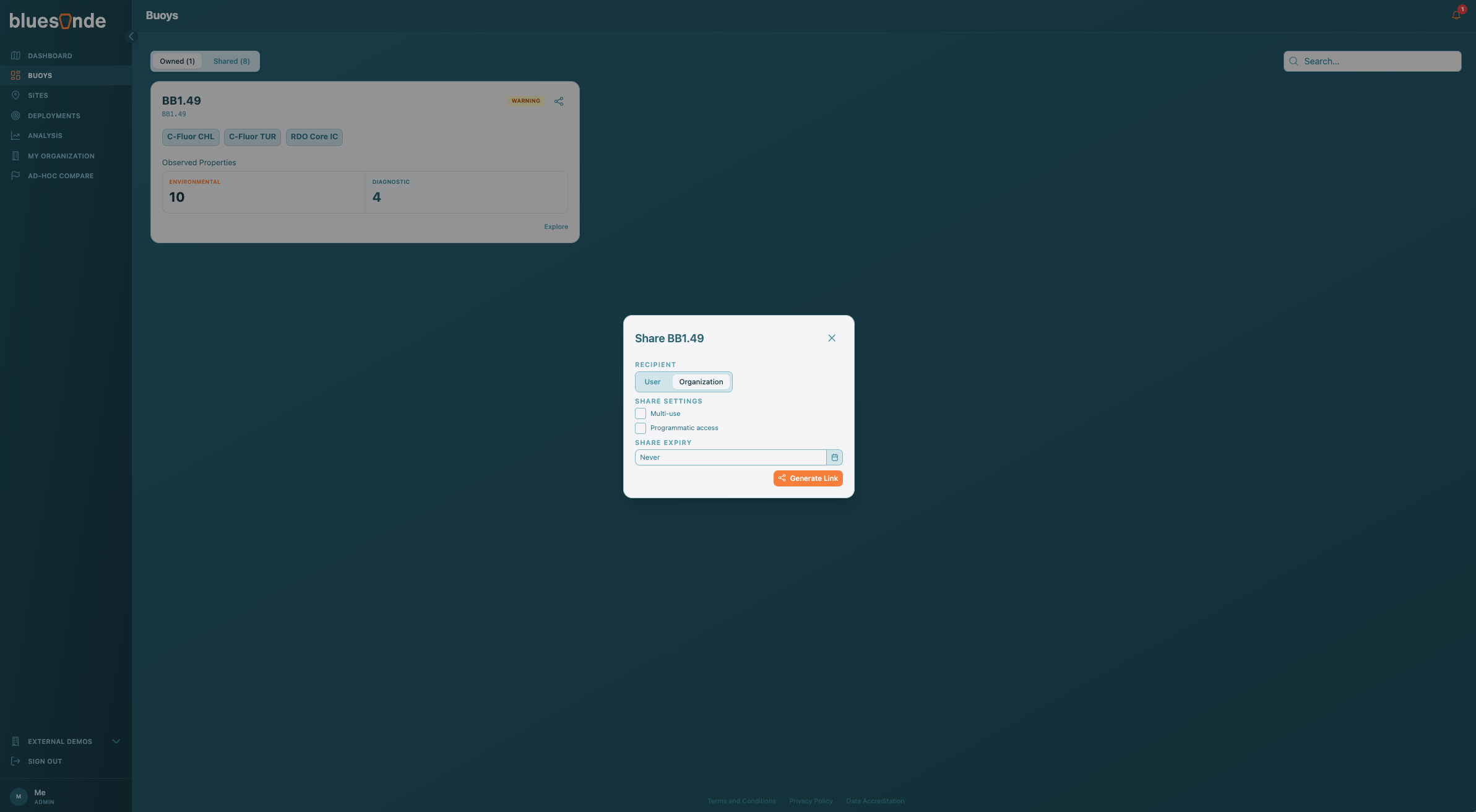 Screenshot: The Share button on a Device card