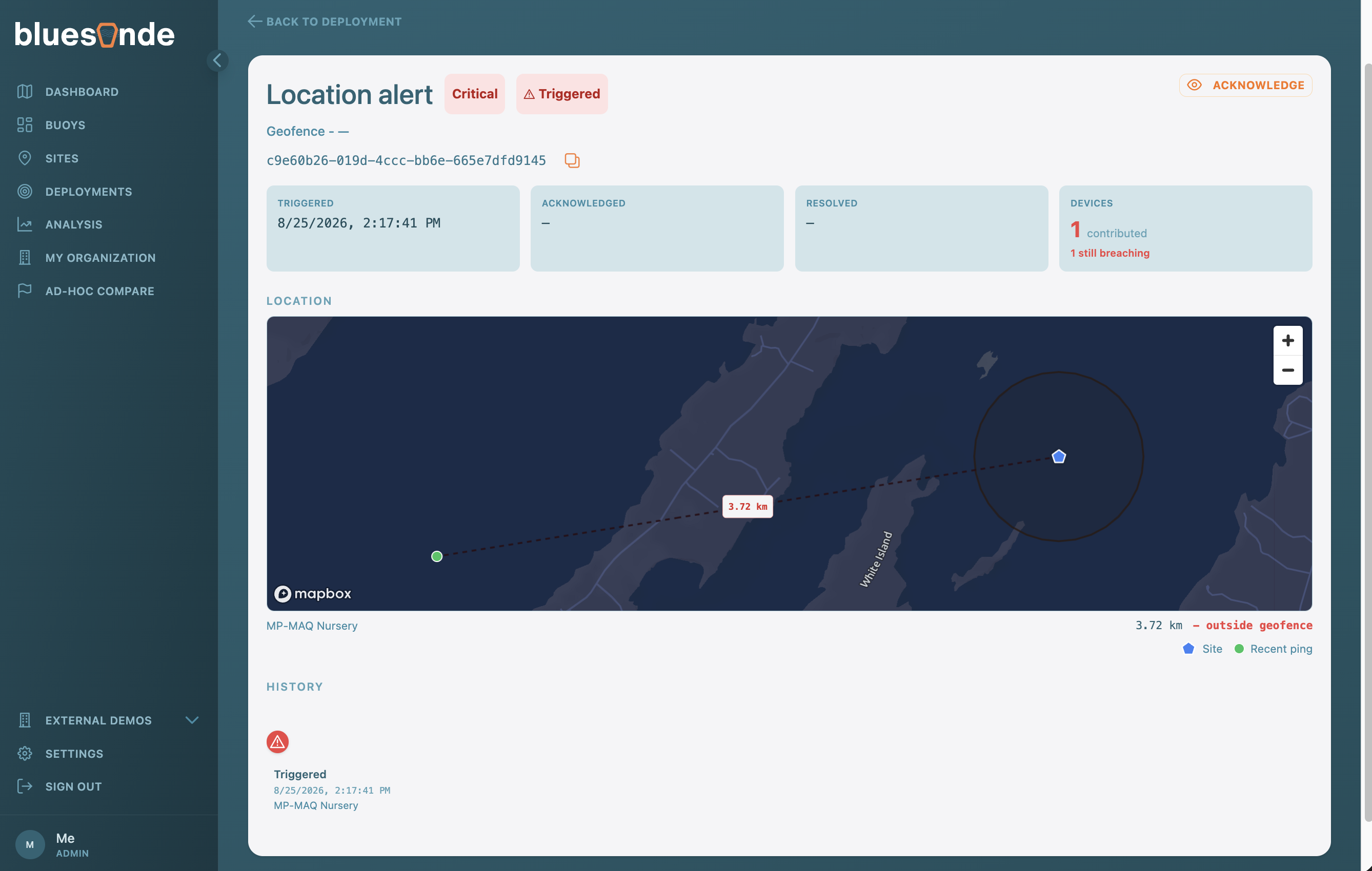 Screenshot: A Geofence Alert showing the Site anchor, radius, and Device drift, with the event timeline below
