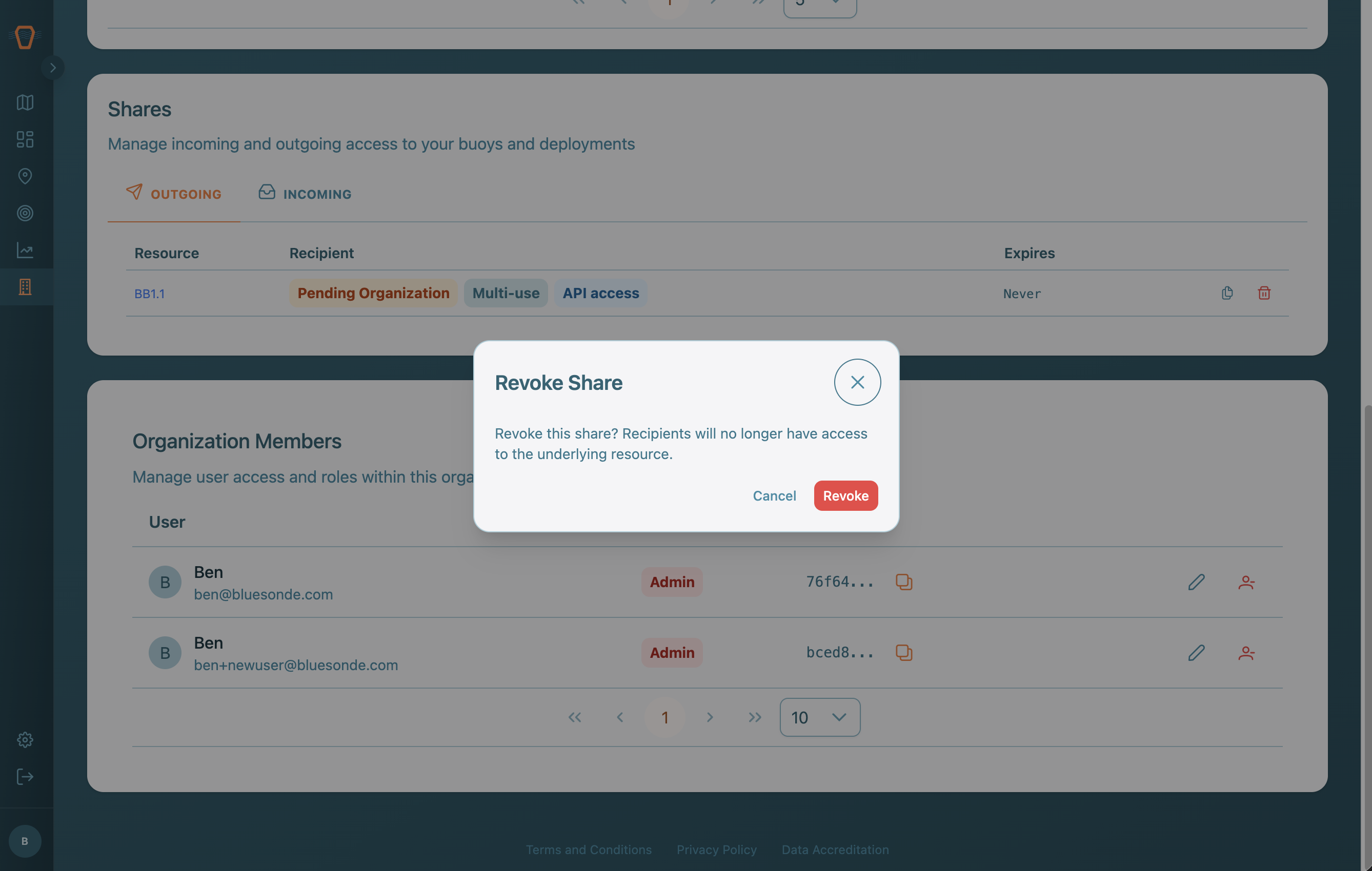 Screenshot: Outgoing and Incoming shares on the Organization page, with the revoke dialog open