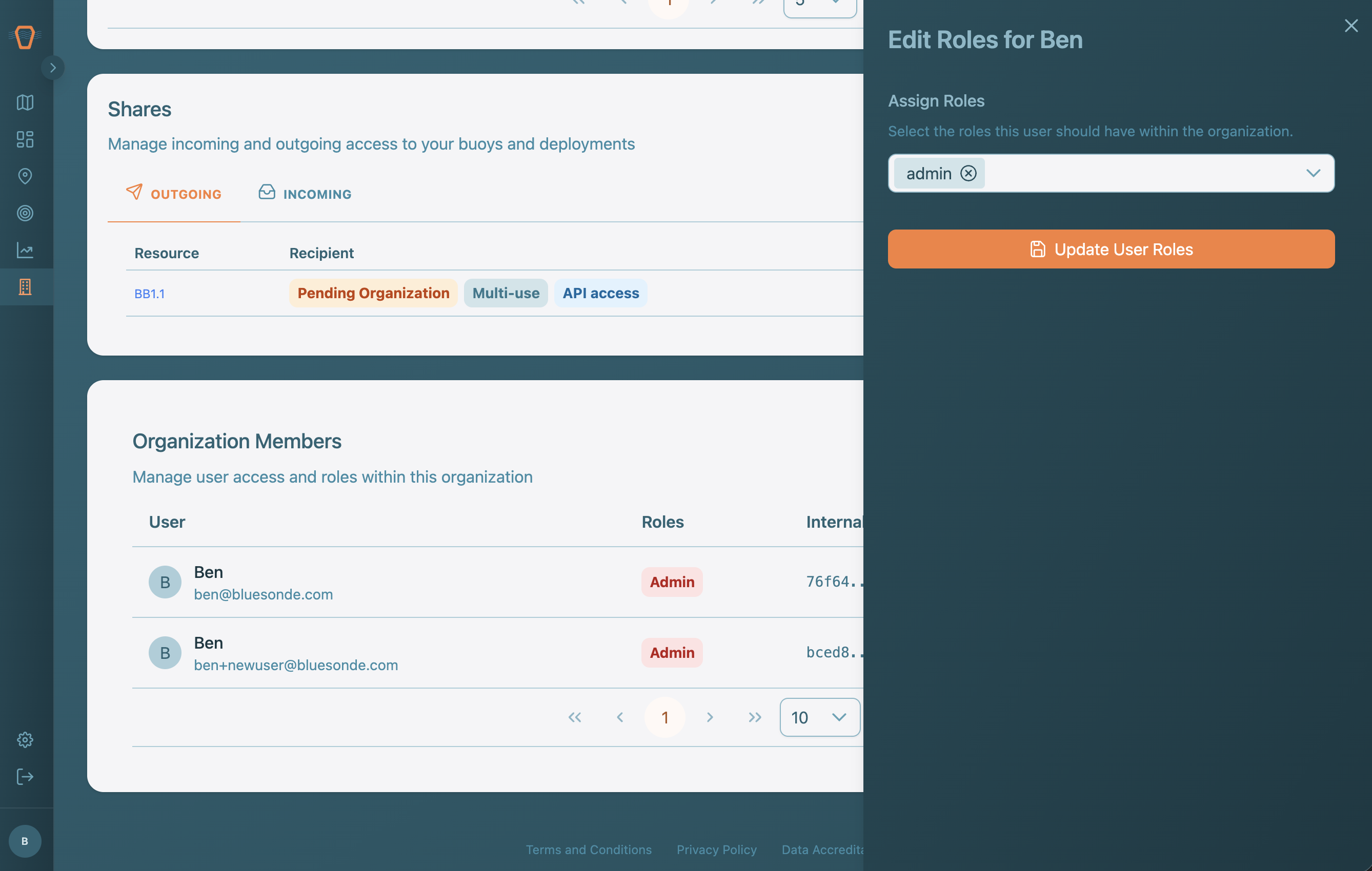 Screenshot: Editing a member's roles on the Organization page