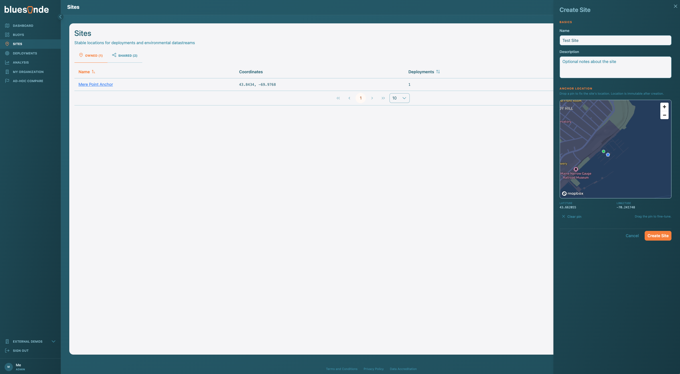 Screenshot: Creating a Site