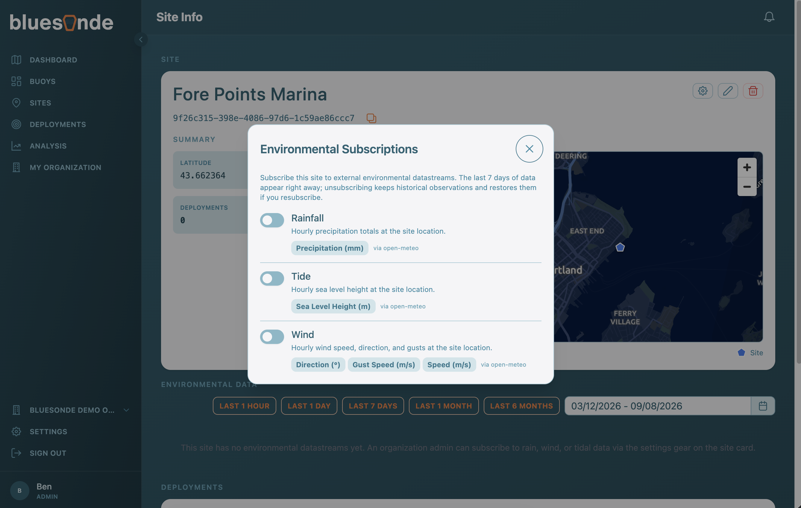 Screenshot: The Site environmental subscription settings